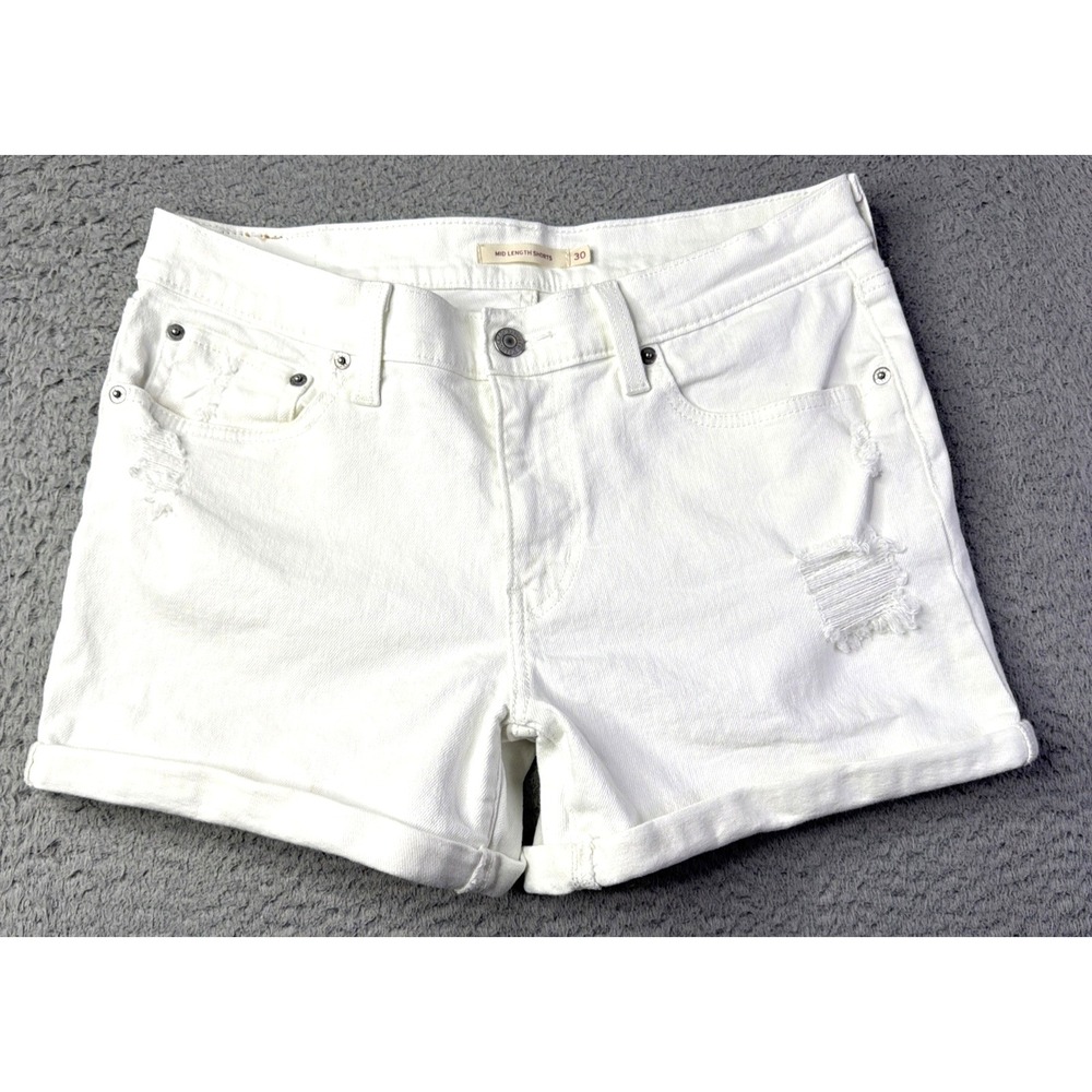 Levis Jean Shorts Womens 30 White Mid Length Shorts Cuffed Distressed Mid Rise